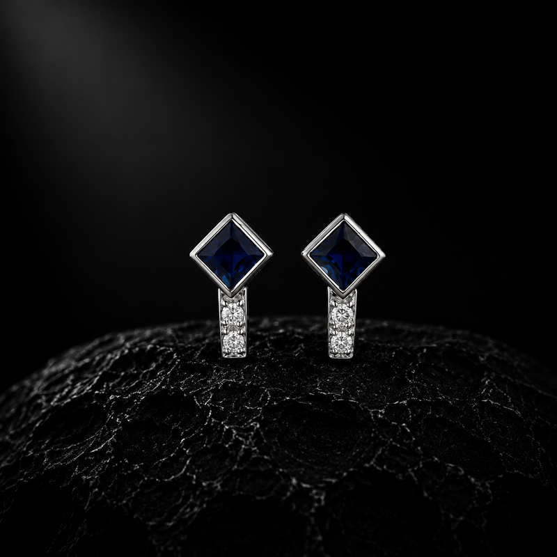 Sapphire Cube Earrings – 14K White Gold