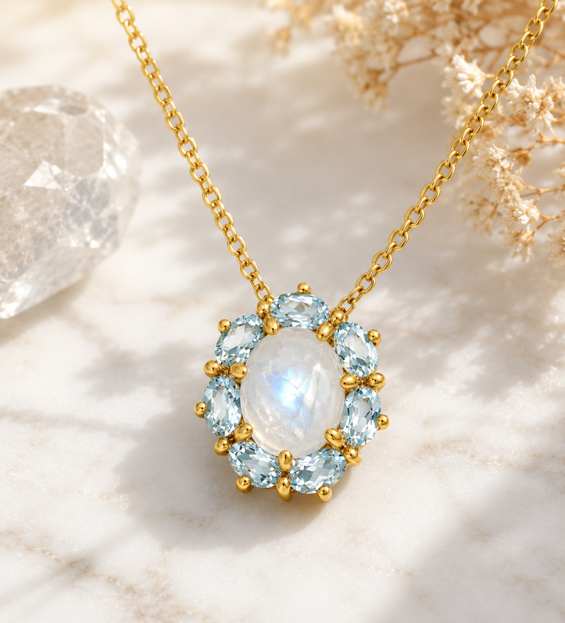 Moonstone & Aquamarine Halo Pendant Necklace 18” long