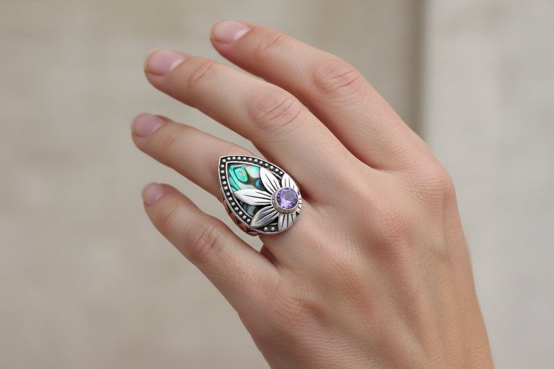 SS Flower Purple Amethyst Stone & Alab Ring