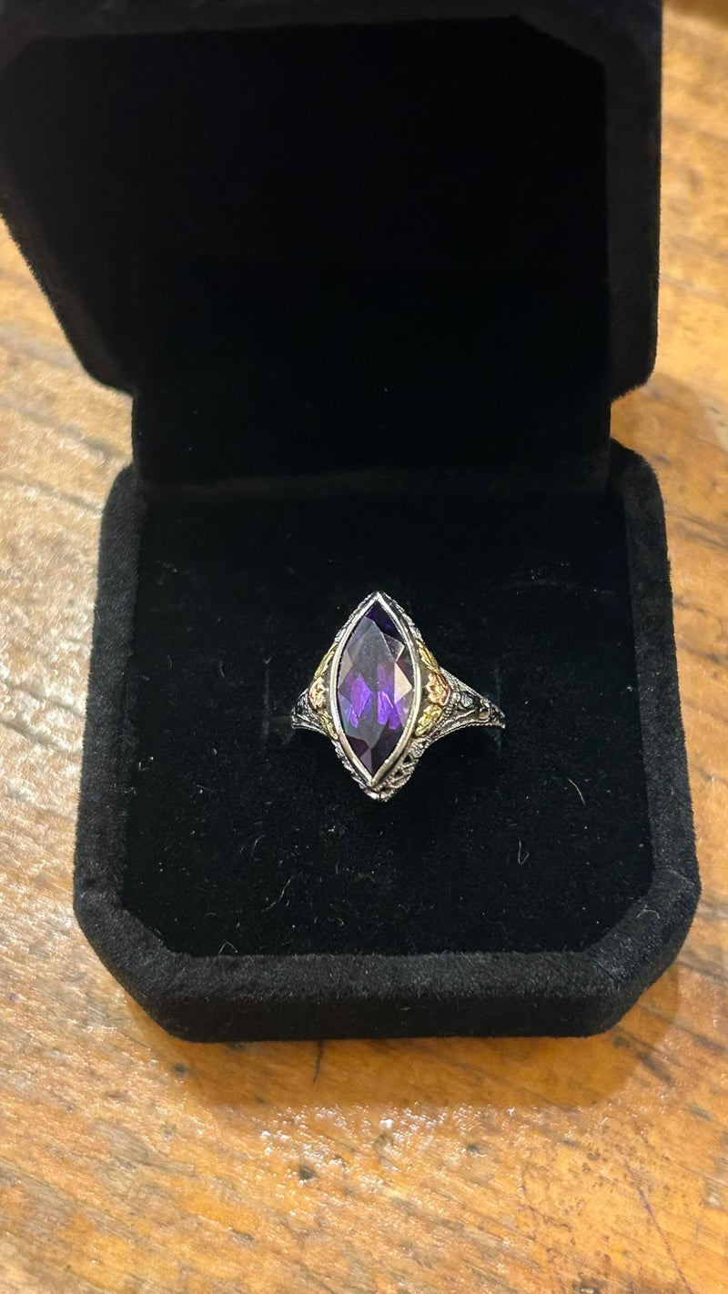 14K Art Deco tri- colored filigree / amethyst,