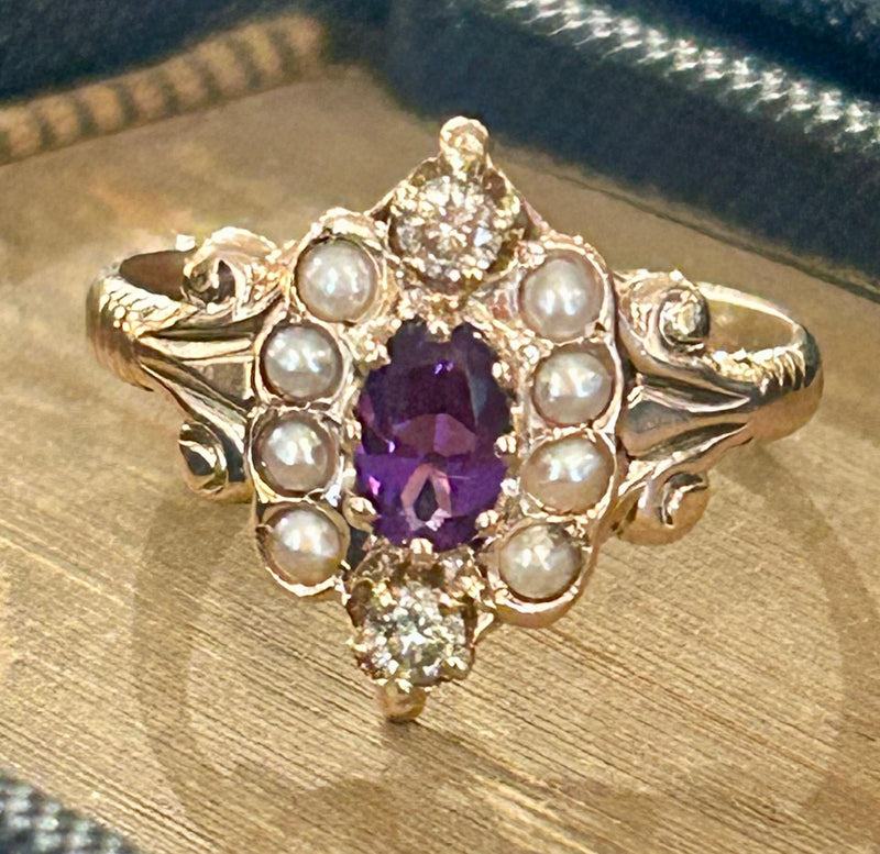 Victorian 14K amethyst, dia. & seed pearl size