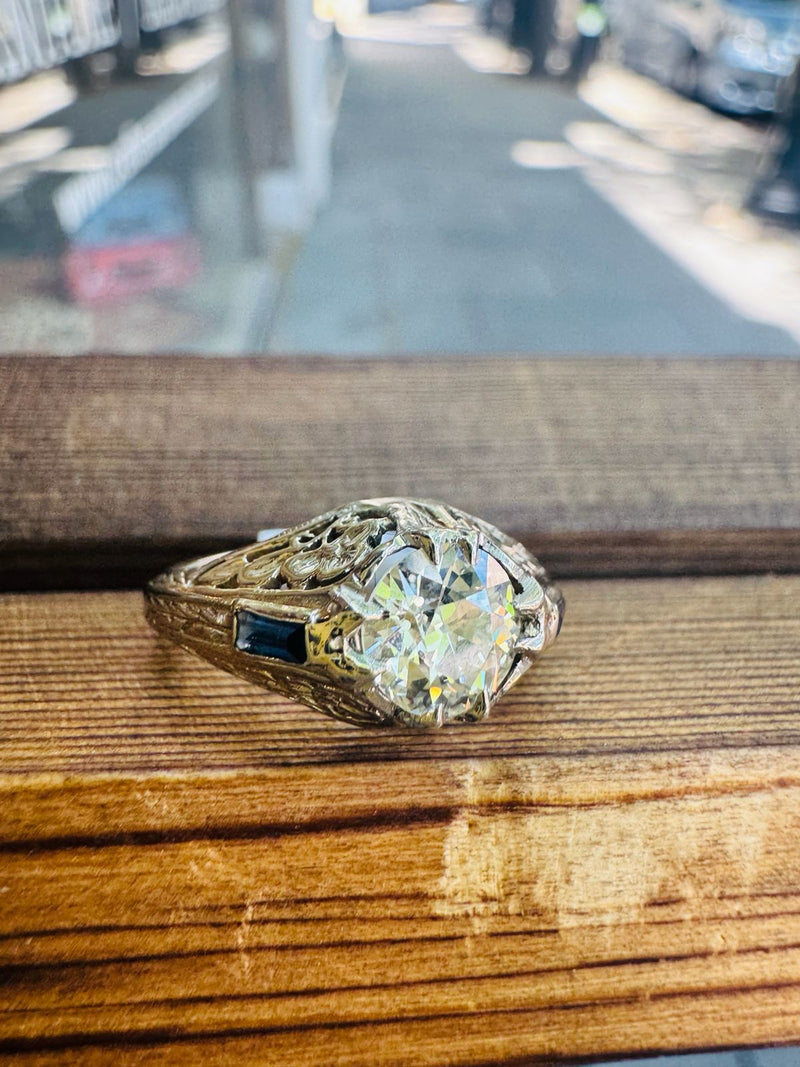18K Deco filigree 0.91 diamond ring with sapphire