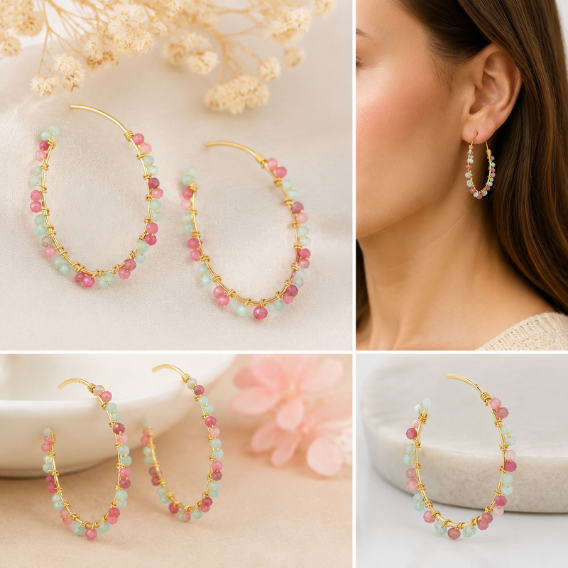 18K Gold Plated Pink Tourmaline & Sky Blue Jade Hoop Earrings