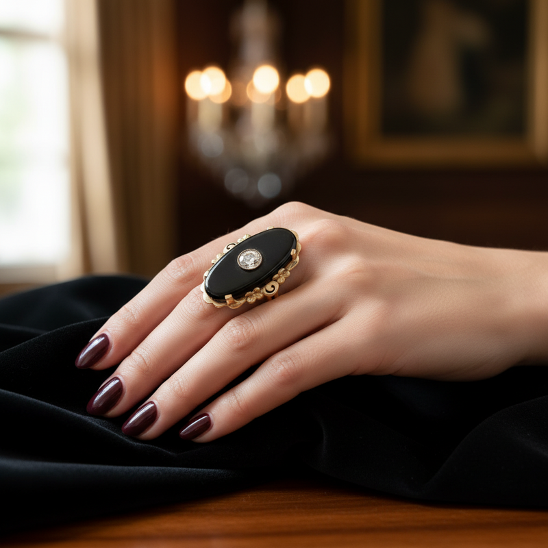 10k Onyx and White sapphire ring 1940's
