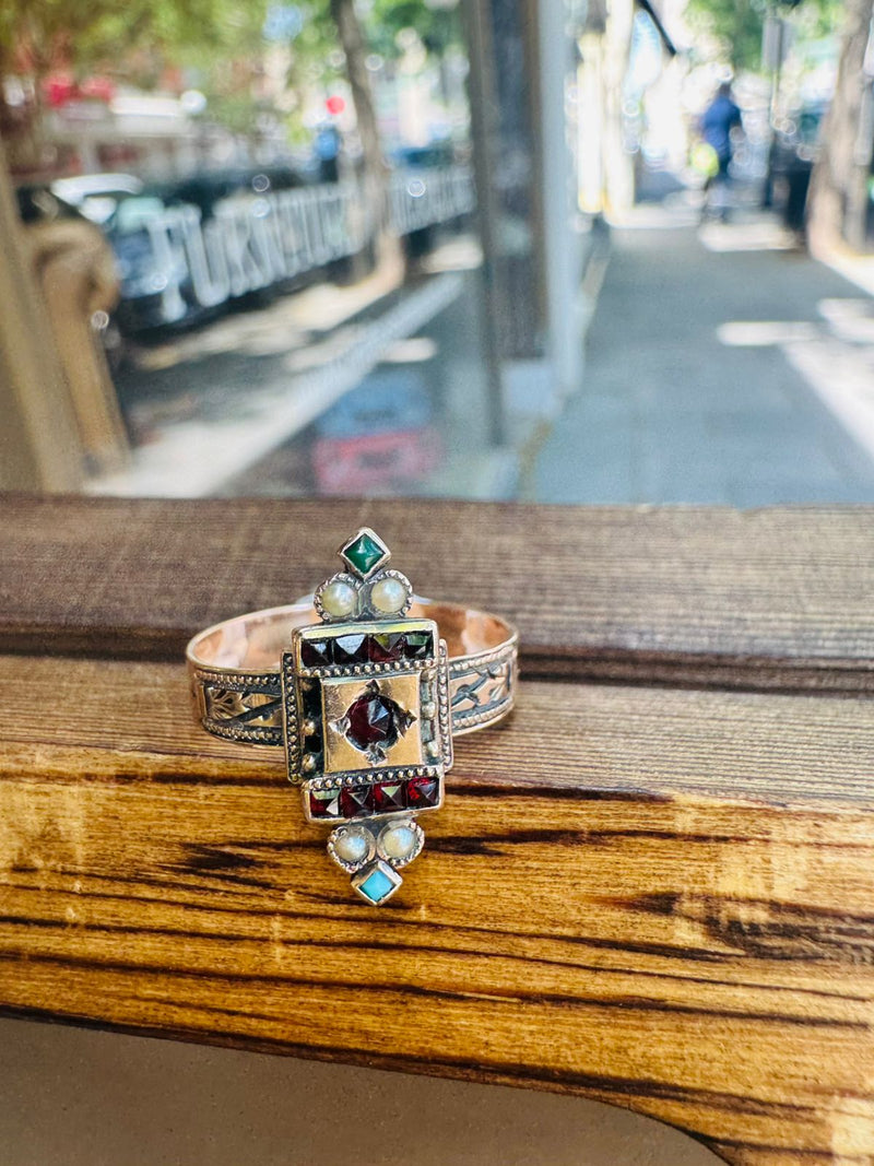 14K VCT Garnet, Turq and PRL Ring
