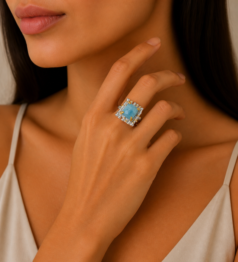 Sterling Silver Ring with Larimar, Decorated with 3 Micron 22K Yellow Gold