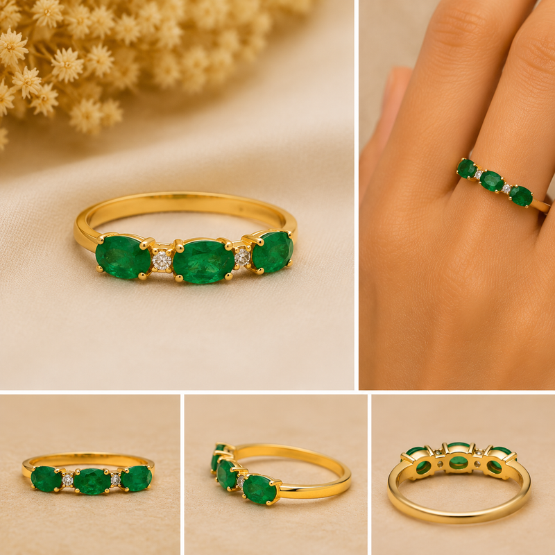 Emerald Trio Spark Ring – 14K Yellow Gold