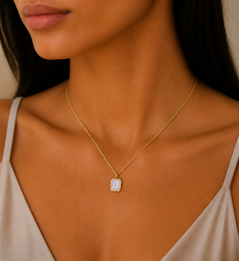Sterling Silver Necklace, Decorated with Rainbow Moonstone, Plated with 0.3 Micron 18K Yellow Gold