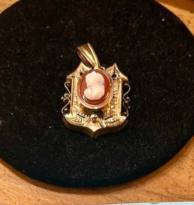 Victorian Gold Filled Shell Cameo Enamel Pendant 1" x 1.5"