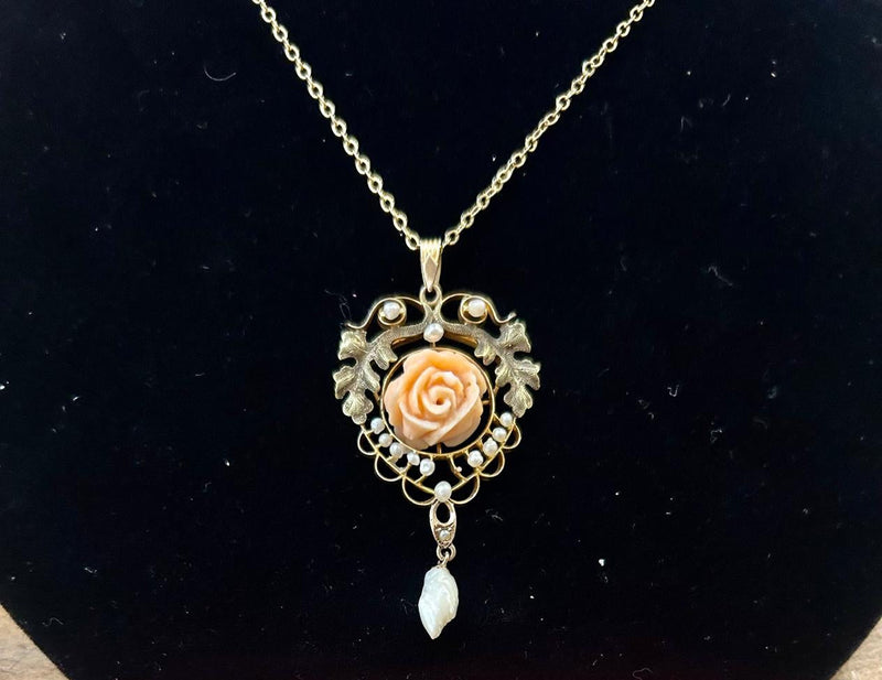 10K coral and pearl neck 1900's