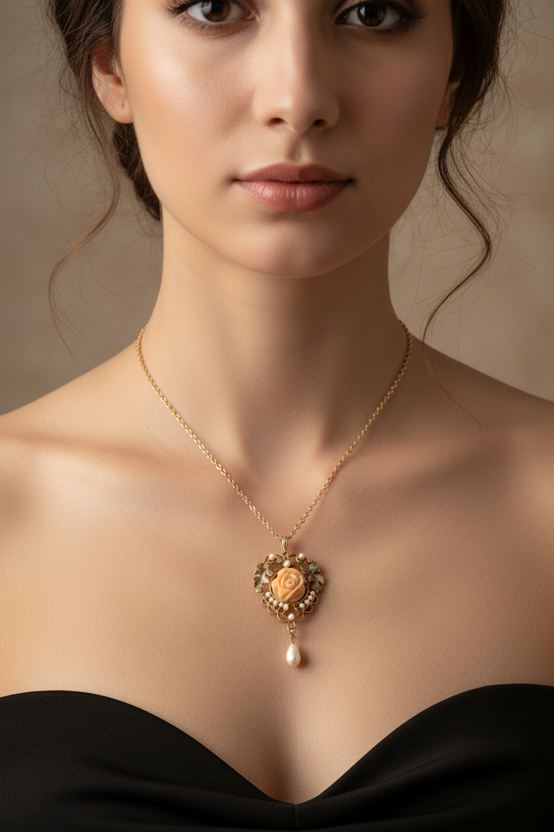 10K coral and pearl neck 1900's
