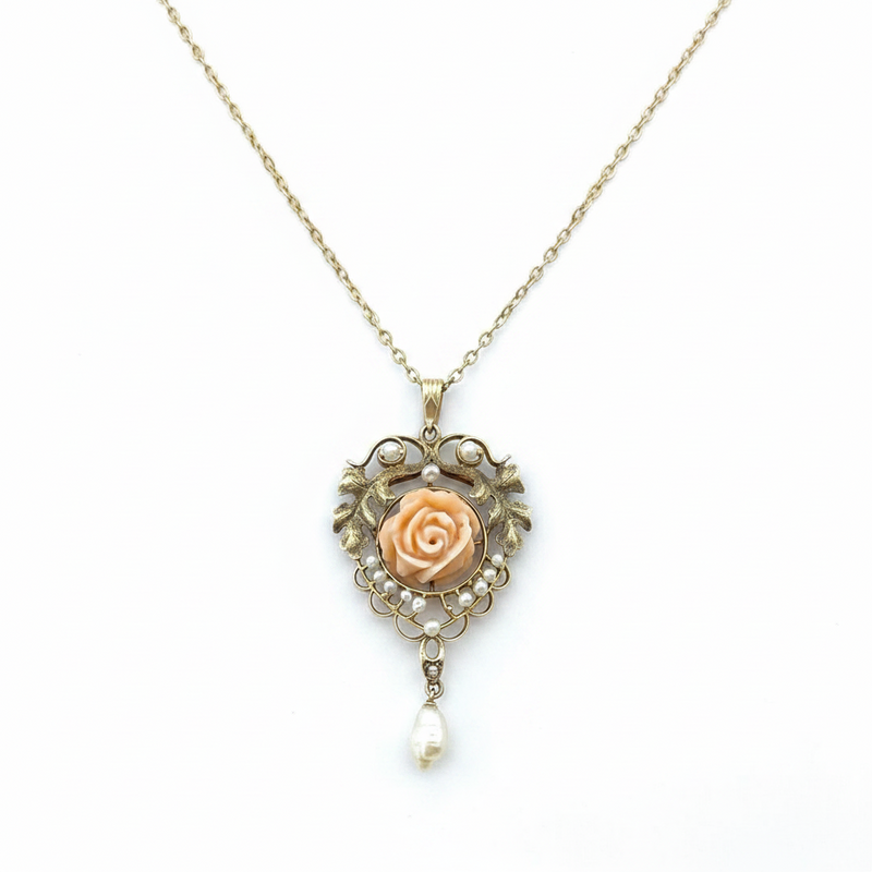10K coral and pearl neck 1900's