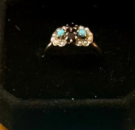 Victorian 14K garnet, seed pearl, turq. Size 6 3/4