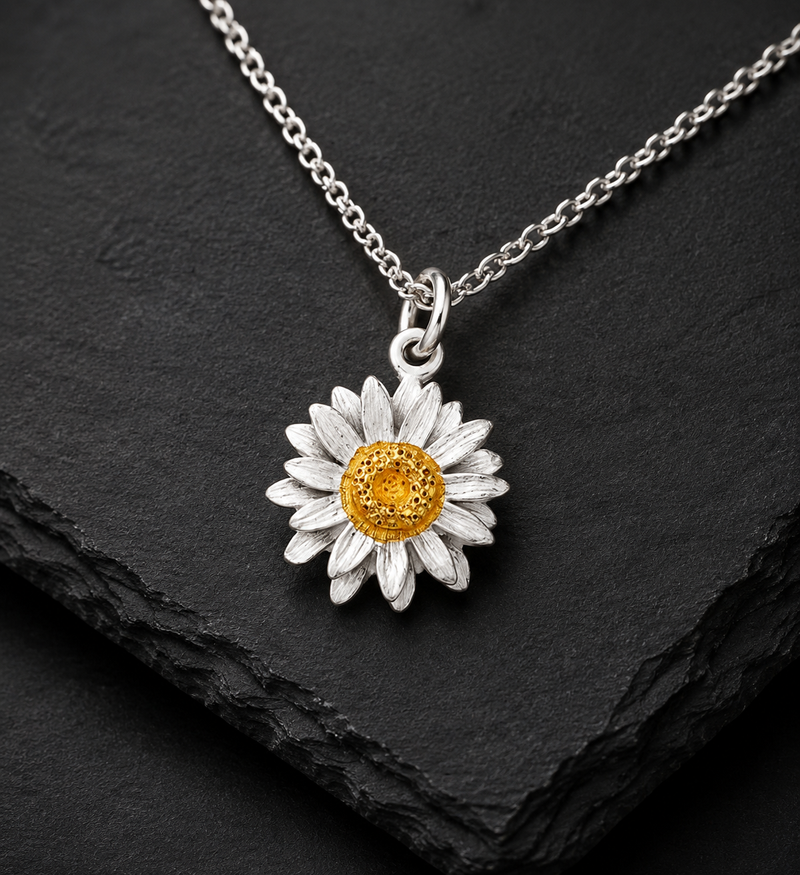 Sterling Silver Daisy Flower Pendant Necklace with Gold-Plated Center 1/2” x 1/2”