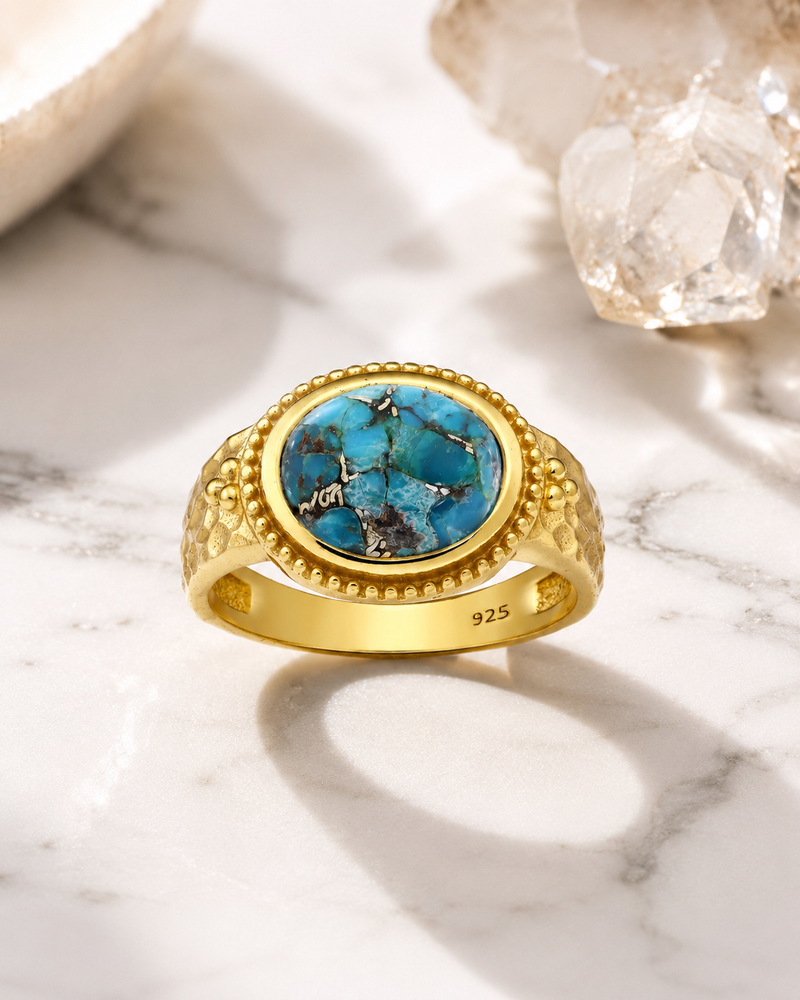 Sterling Silver Reconstructed Copper Turquoise Ring, 18K Yellow Gold Plated