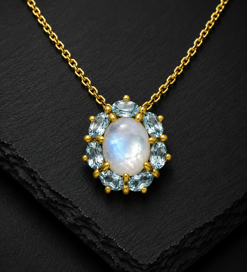 Moonstone & Aquamarine Halo Pendant Necklace 18” long