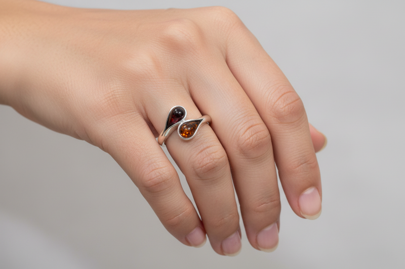 SS Small Double Amber Ring