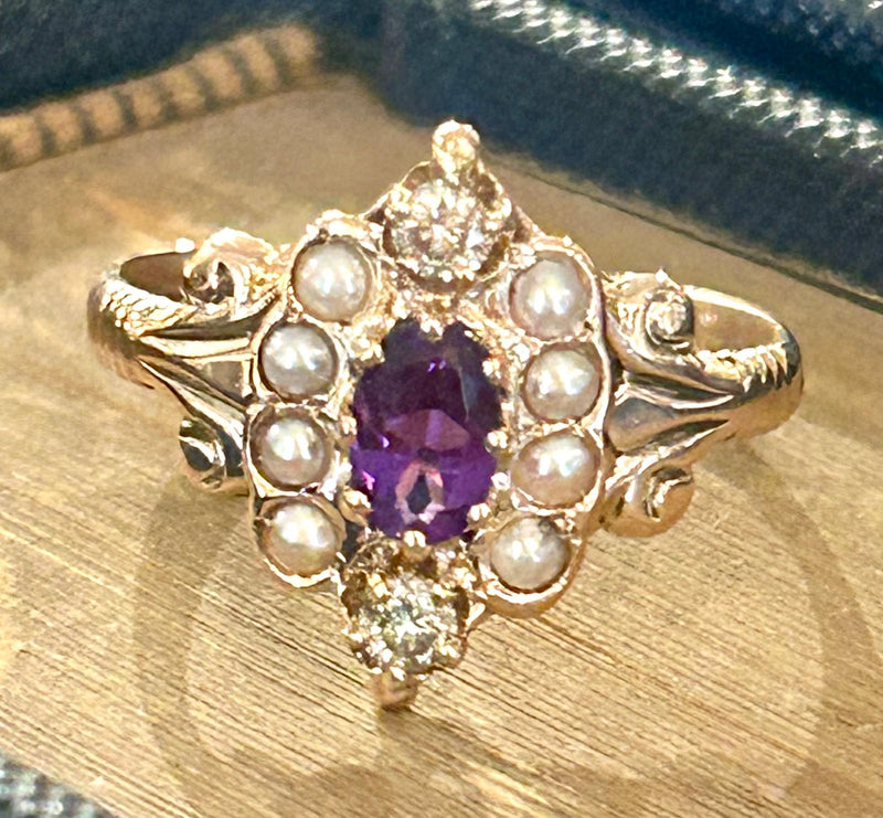 Victorian 14K amethyst, dia. & seed pearl size
