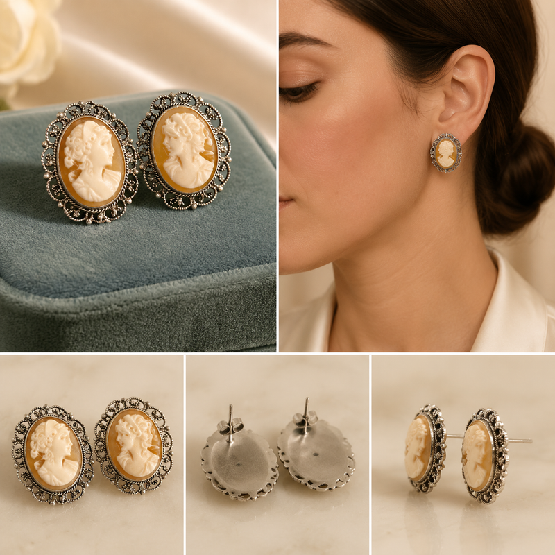 Vintage Italian Sterling Silver Shell Cameo Earrings – Classic Filigree Lady Portrait Earrings