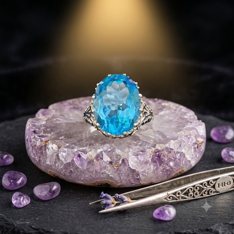 Sterling Silver Oval Blue Topaz Ring – Vintage Filigree Statement Ring, size 6