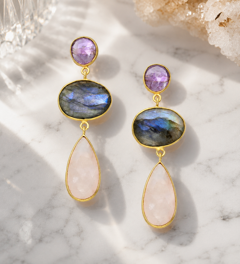 18K Gold-Plated Sterling Silver Amethyst, Labradorite & Rose Quartz Drop Earrings