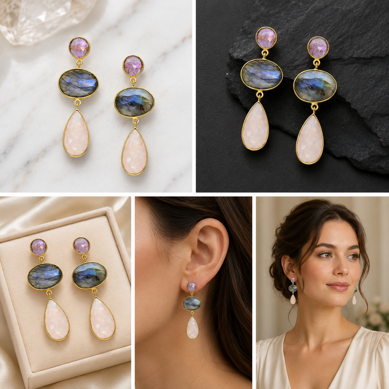 18K Gold-Plated Sterling Silver Amethyst, Labradorite & Rose Quartz Drop Earrings