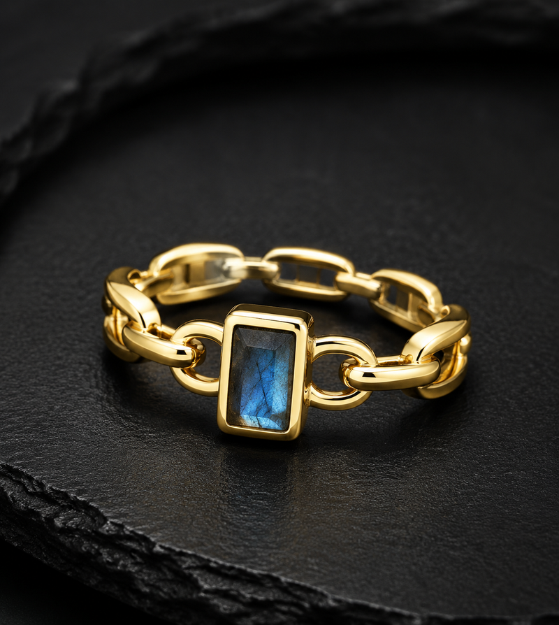 Sterling Silver Labradorite Chain Link Ring, 18K Yellow Gold Plated