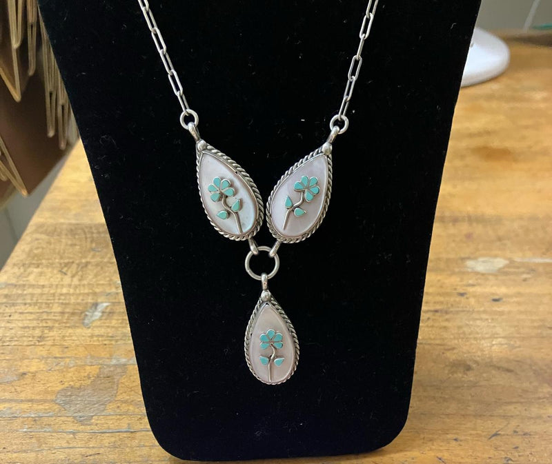 Sterling Silver American Indian MOP Turquoise Necklace 27" long
