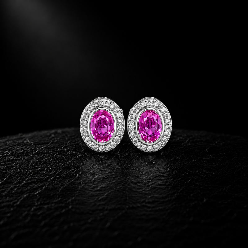 Pink Sapphire Halo Earrings – 14K White Gold