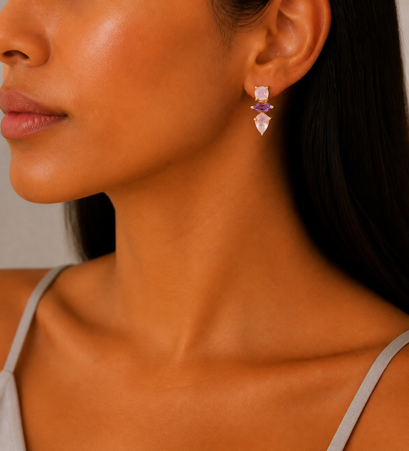 925 Sterling Silver Push-Back Earrings, Decorated with Rose Quartz and Amethyst, Plated with 0.3 Micron 18K Yellow Gold