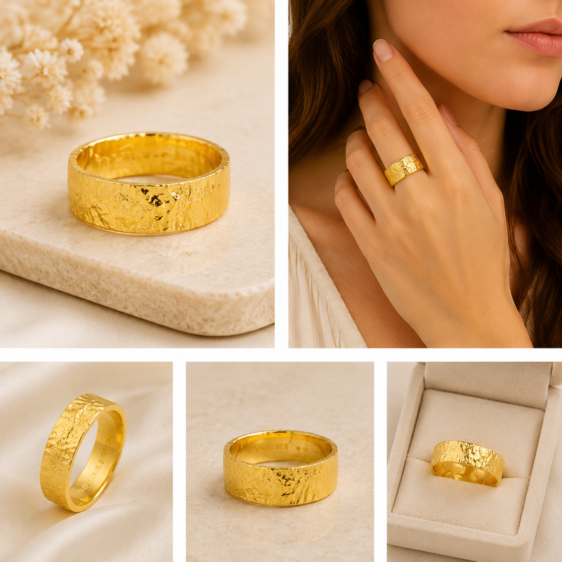 18K Gold Plated Sterling Silver Textured Band Ring