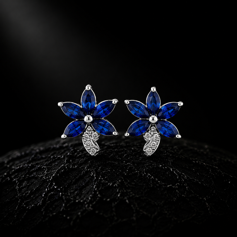 Sapphire Floral Bloom Earrings – 14K White Gold