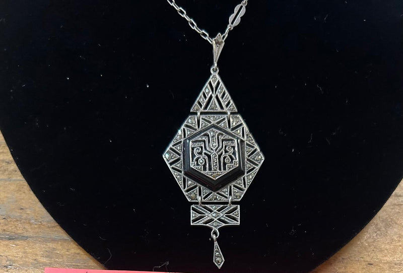 SS Deco Onyx and marcasite necklace