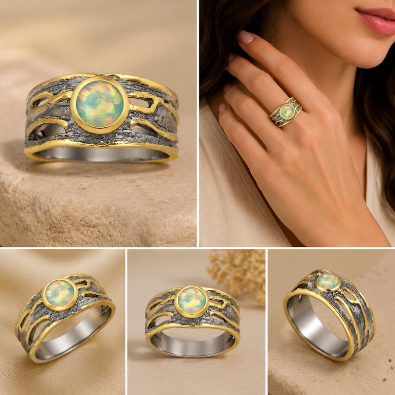 Sterling Silver Ring, Decorated with Ethiopian Opal, Plated with 3 Micron 22K Yellow Gold and Grey Ruthenium