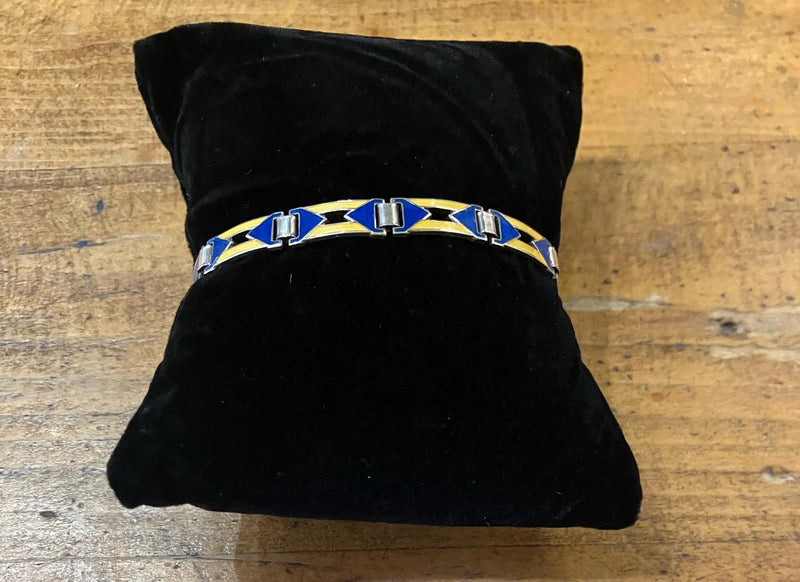 1930s Sterling Silver Blue + Yellow Enamel Bracelet 6 1/2" in diameter