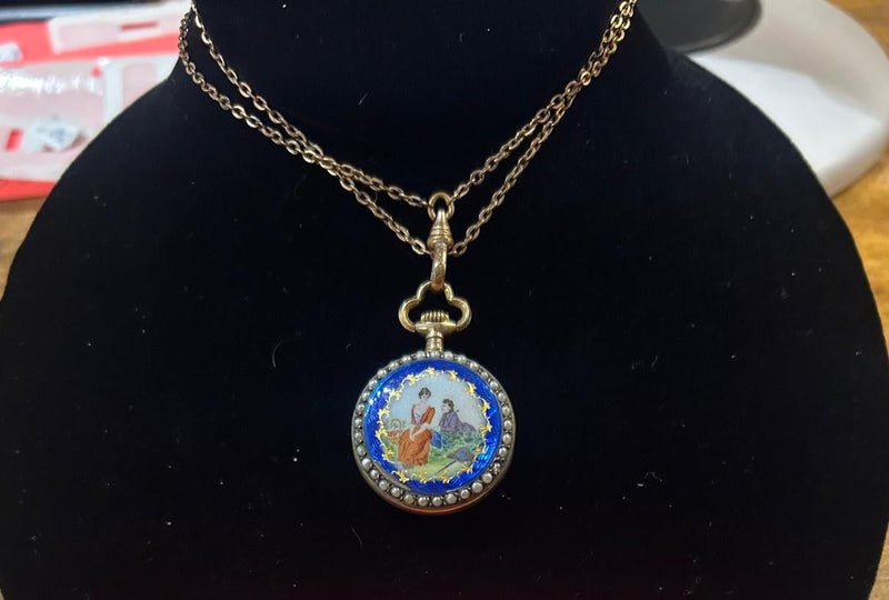 GF 1900's watch pendant with enamel and seed pearls
