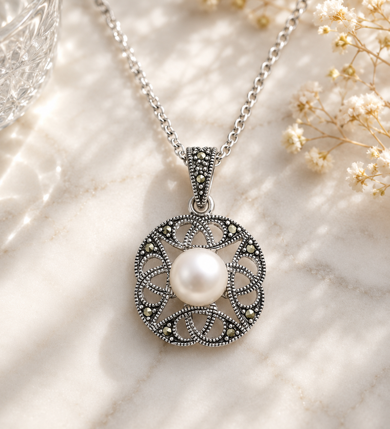 Sterling Silver Freshwater Pearl & Marcasite Filigree Pendant