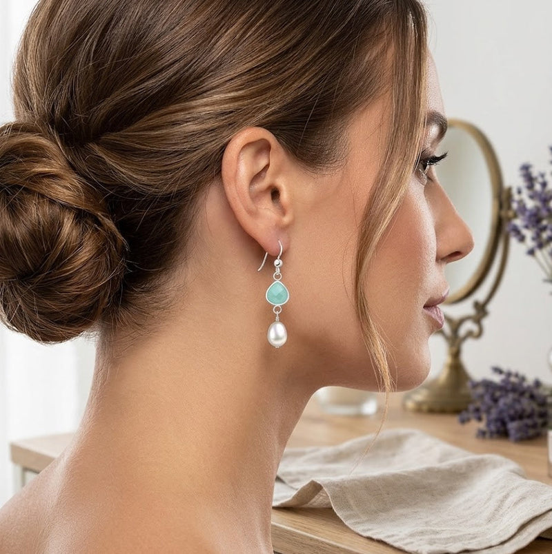 Sterling Silver Hook Earrings with Freshwater Pearls & Rose Quartz