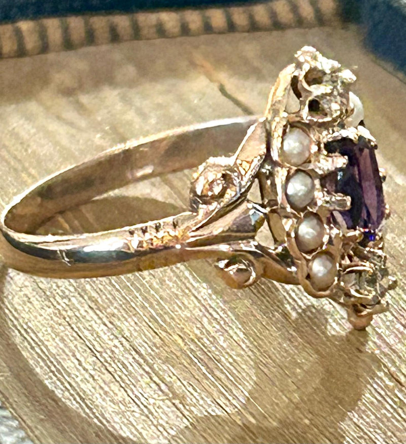 Victorian 14K amethyst, dia. & seed pearl size