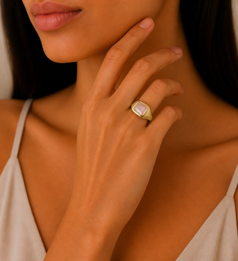 Sterling Silver Solitaire Ring, Decorated with Rose Quartz, Bezel Plated with 0.3 Micron 18K Yellow Gold