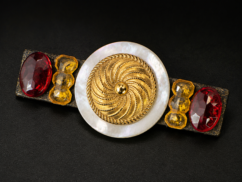 Vintage mother of pearl with orange and gold paste accents brooch