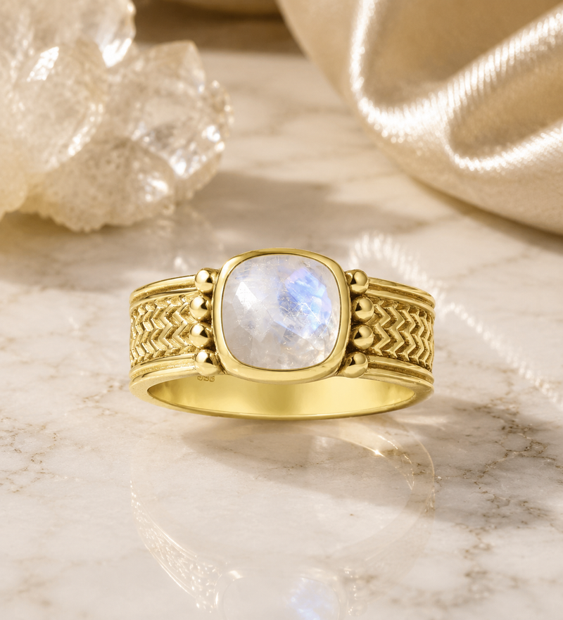 18K Gold Plated Sterling Silver Rainbow Moonstone Ring