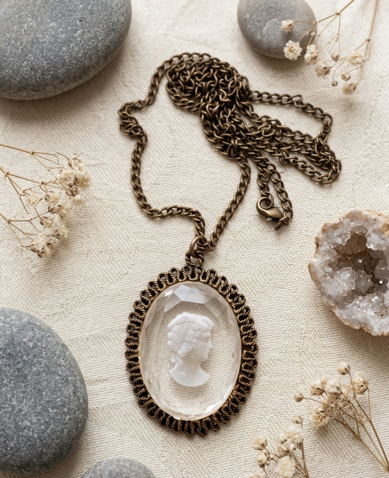 Lucite Lady Portrait Necklace. 28” long