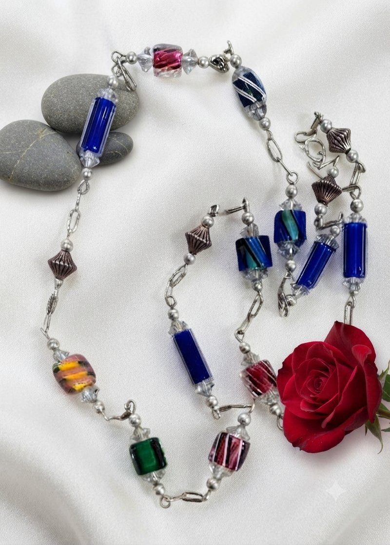 Sterling Silver Glass Beaded Necklace – Colorful and Elegant Silver Jewelry 22” long