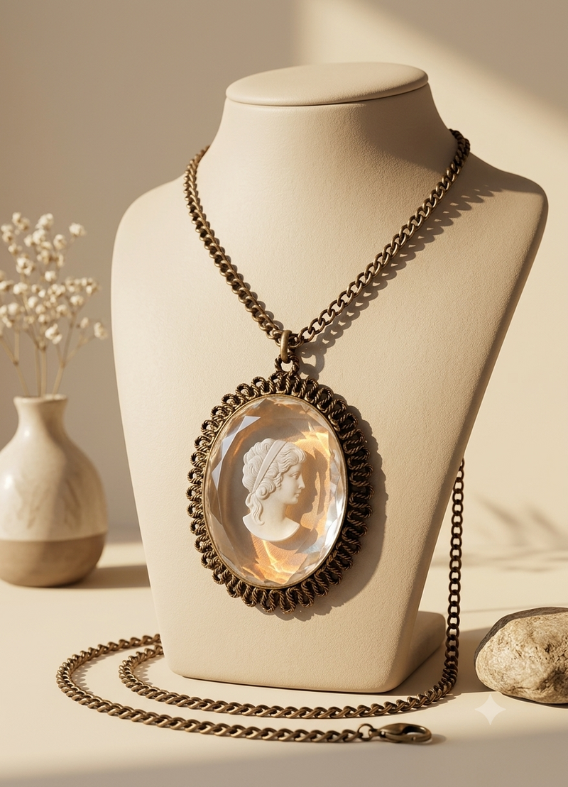 Lucite Lady Portrait Necklace. 28” long