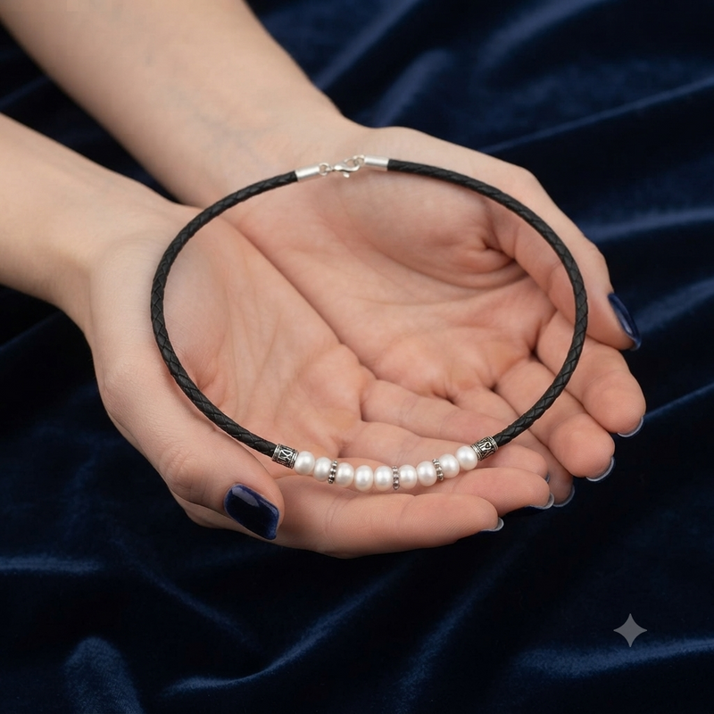 Black Leather and Pearl Choker