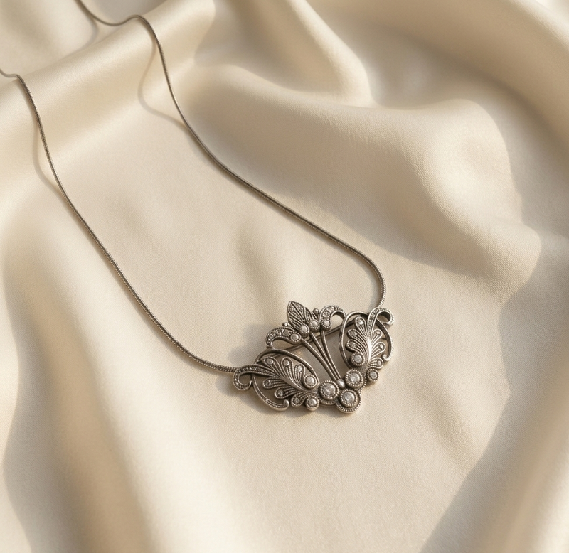 Sterling silver  Floral Pendant / pin necklace 13” long
