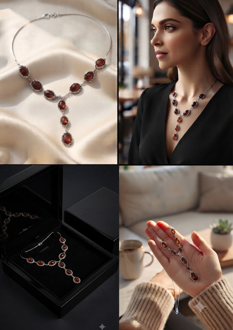 Elegant Silver with Amber Stones 28” long