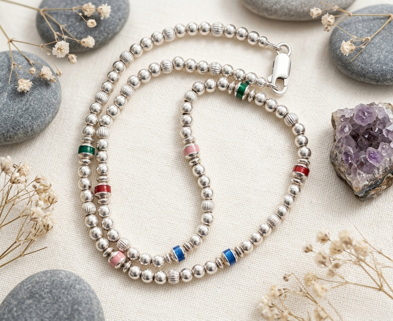 Sterling silver Beaded w/Enamel Necklace 16”