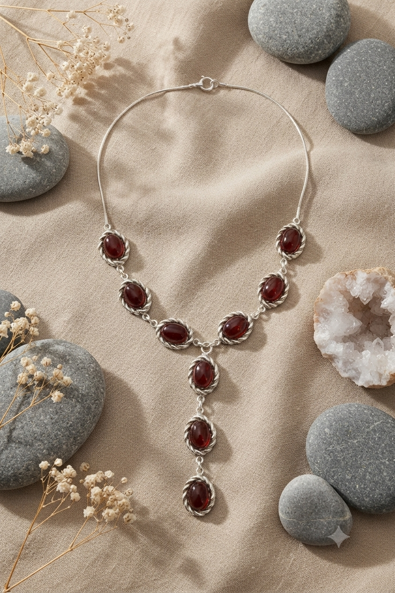 Elegant Silver with Amber Stones 28” long